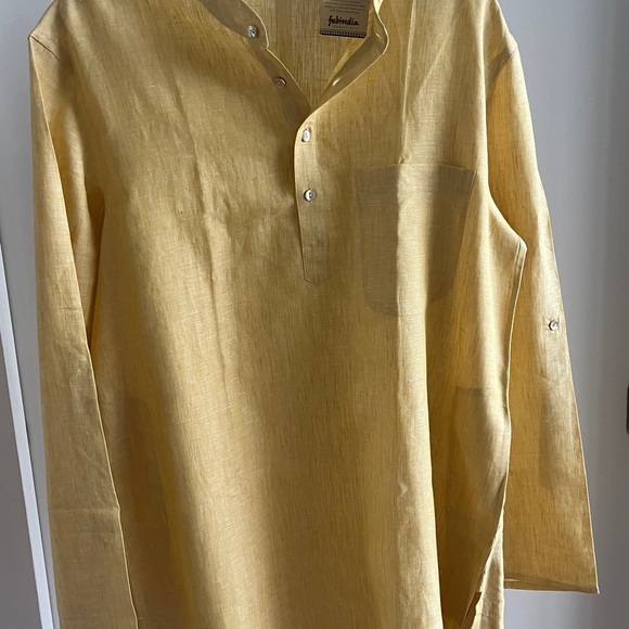 NWT FABINDIA Men 100% Linen Woven Nehru Kurta Mustard Yellow Festive Sz 38 Mediu - Picture 13 of 16